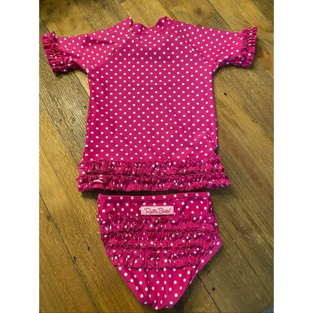 Ruffle Butts 4T toddler girl bikini set rash guard T-shirt top pink white dots